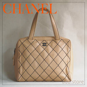 ビンテージシャネル CHANEL ワイルドステッチ ハンドバッグ レザー CC ココマーク ブラック ベージュ ブランド レディース◆