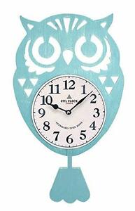 ケーアイジャパン 壁掛け時計 ふくろう 振り子時計 ブルー 42×25cm (おしゃれ な アンティーク調 シャビー加工 、ガラスなし)