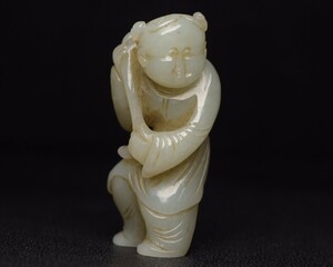 【古寶奇蔵】和田玉製・細密彫・如意童子・置物・賞物・中国時代美術