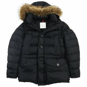 美品●MONCLER モンクレール CLUNY クラニー コヨーテファー ロゴワッペン付き フーデッド ダウンジャケット ブラック 1 正規品 メンズ