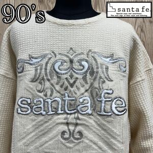 M■ 90s Santafe サンタフェ メンズ 太アーム刺繍ロゴ 3D ニットセーター ホワイト 白 05 日本製 昭和 平成 スタイル トップス セーター 