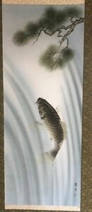(模写 )掛軸 紙本 鯉　躍鯉之図　在銘　日本画 日本美術 共箱　j41601