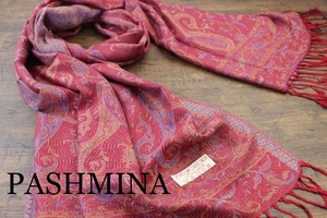 新品 中薄手【パシュミナ Pashmina】ペイズリー柄 レッド系マルチカラー 赤 RED 大判 ストール カシミア100% Cashmere 訳あり