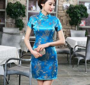 【新品】 XL コバルト ブルー サテン チャイナ ドレス つるつる 中国服 セクシー ワンピース ワンピ キャバ ハロウィン 