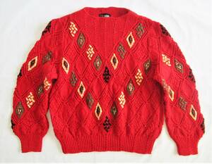 ハンドメイド【手編み】赤色系 透かし編み 柄入り 長袖 セーター ニット　毛糸