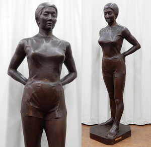 ◆◎【引取限定】 昭和33年 第一回日展出品作 本間作 青春 木製彫刻 一刀彫 彫像 女性像 高さ125cm