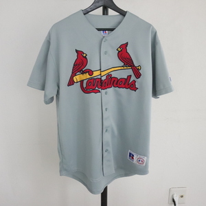 W410 90sビンテージ ラッセル MLB カージナルス 半袖ベースボールシャツ■1990年代製 表記Mサイズ グレー アメカジ ストリート 古着 古着卸