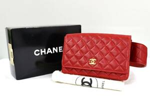 1円都 CHANEL 美品 ヴィンテージ シャネル ラムスキン マトラッセ ウエストポーチ ウエストバッグ ココマーク 赤系 24-587