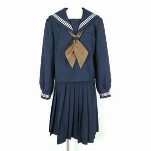 1円 セーラー服 スカート スカーフ 上下3点セット 大きいサイズ 特大 冬物 白3本線 女子 学生服 中学 高校 紺 制服 中古 ランクC NA0945