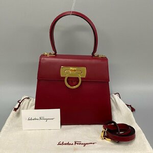 1円 極 美品 Salvatore Ferragamo サルヴァトーレフェラガモ ガンチーニ ロゴ レザー 2way ハンドバッグ ショルダーバッグ レッド 16219