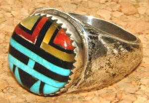 本物 2000年代前期 ズニ族 ZUNI族 [DON DEWA]作 インディアンジュエリー シルバー製 サンフェイス インレイ リング 指輪 20.5号 ドン・デワ