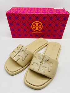 衝撃プライス！『最強マストバイ！』【TORY BURCH トリーバーチ/ビッグロゴ】高級サンダル！レディース7M/ベージュ/箱付/jp24cm！F81