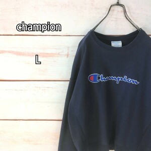 champion チャンピオン リバースウィーブ スウェットトレーナー 刺繍ビッグロゴ ワッペン ネイビー メンズ Lサイズ