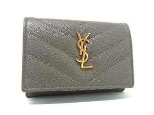 1円 ■美品■ YVESSAINTLAURENT イヴサンローラン カサンドラ Vステッチ レザー 三つ折り 財布 ウォレット レディース グレー系 FC4765