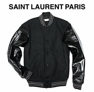 二点で送料無料！SAINT LAURENT PARIS サンローランパリ レザースリーブ切替テディジャケット ケリングジャパンタグ有りF36レディース　黒