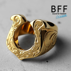 BFF ブランド 馬蹄 印台リング ホースシュー ゴールド 18K GP gold 蹄鉄 幸運 手彫り 専用BOX付属 (16号)