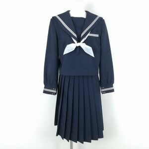 1円 セーラー服 スカート スカーフ 上下3点セット 冬物 白3本線 女子 学生服 中学 高校 紺 制服 中古 ランクC NA1539