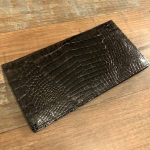 本革 crocodile skin 長財布 ワニ革 財布 黒 鰐 一枚革 上品 光沢 ウォレット 小銭入れなし メンズ 男性用