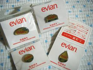 エビアン　ｅｖｉａｎ　２００１　販促・宣伝用ピンバッジ　　形大きさいろいろ４種類　　大きさ 1.5㌢×1.5㌢ぐらい ＠長期保管品