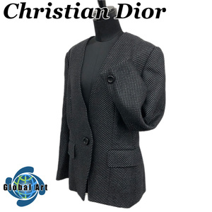 ●4D052/Christian Dior クリスチャンディオール/ノーカラージャケット/ジャガード/ウール/ブラック/黒/L/ヴィンテージ/オールド