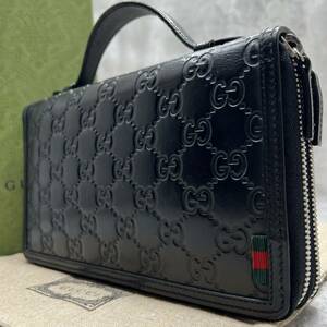 【極美品】グッチ GUCCI 長財布 トラベルケース セカンドバッグ ダブルファスナー GG シマ シェリーライン レザー 黒 メンズ ビジネス 