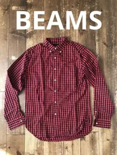 BEAMS ボタンダウンシャツ　バッファローチェック柄　赤黒　S