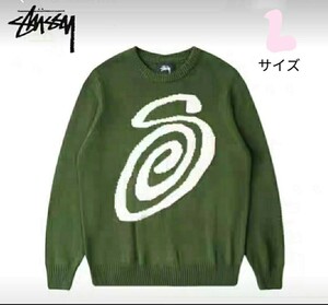 Lサイズ STUSSY ステューシー GOTHIC SWEATER ゴシック ロゴ ニット セーター グリーン×ホワイト 冬物 メンズ トップス 新品 未使用