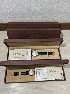 【F463】 【未使用】 COACH コーチ ペアウォッチ W505 W005 腕時計 クオーツ アナログ 3針 カレンダー レザーベルト ホワイト文字盤