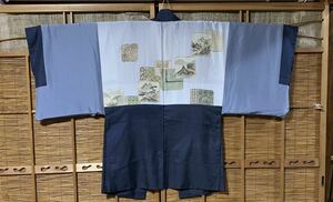 男羽織 正絹藍大島紬絣織 正絹の羽裏地に山の屋敷と古代文様 H 103