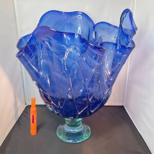 ガラス ガラス細工 練りガラス 青 花瓶 花器 フラワーベース インテリア 硝子細工 高さ46cm BLUE 