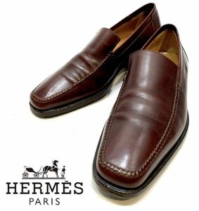 HERMES MENS レザーモカシンシューズ エルメス ローファー 革靴 スリッポン ドレス ビジネスshoes バーガンディ系 イタリア製40 25.5cm