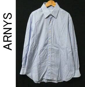 正規品 イタリア製 最高級 ARNYS PARIS アルニス 手縫い コットン ギンガムチェック 長袖 ドレスシャツ 40 白×青 ホワイト ブルー