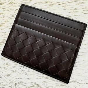 1円 【美品】ボッテガヴェネタ BOTTEGA VENETA イントレチャート レザー カードケース パスケース 定期入れ ブラウン メンズ ユニセックス