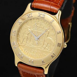1円 稼働 良品 アンティーク コインウォッチ オーストラリア QZ ゴールド文字盤 レザーベルト メンズ腕時計 DOI 6054000 4ETY