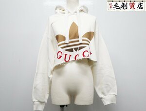 グッチ アディダス GUCCI adidas 688197 XJE7H パーカー コットン クロップド スウェットシャツ ホワイト サイズS 極美品 服