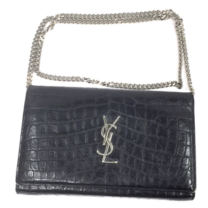 1円 サンローラン 型押し レザー チェーンショルダーバッグ ブラック 黒 シルバー金具 YSL SAINT LAURENT