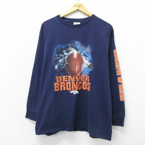 XL/古着 長袖 ビンテージ Tシャツ メンズ 90s NFL デンバーブロンコス 大きいサイズ コットン クルーネック 紺 ネイビー アメフト スー