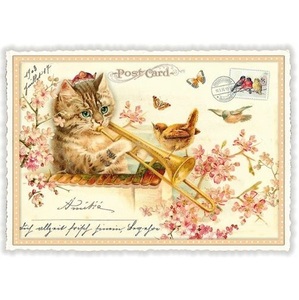 ミュージカルキャット トロンボーン ドイツ 製 ポストカード キジトラ 猫 ラメ グリーティングカード 絵はがき ねこ 雑貨 パタミン