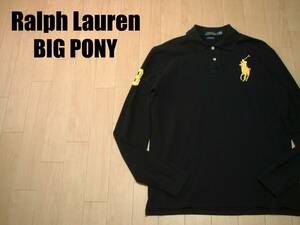 大人気Ralph Laurenビッグポニーロングスリーブ長袖ポロシャツXL鹿の子ブラック正規ポロラルフローレンPOLO黒BIG PONYトップス