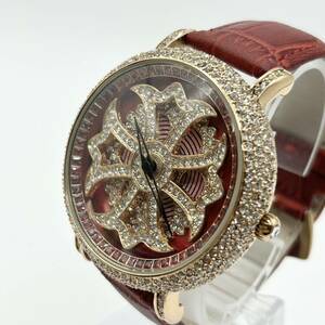 A) 腕時計 グルグル時計 本革ベルト 赤文字盤 ゴールド genuine leather クオーツ式時計 QZ スピナー メンズ レディース 動作未確認 E0213
