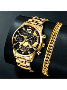 腕時計 メンズ セット メンズ腕時計とブレスレットセット ステンレススチールバンド ブラック色 3針表示 カジュアルビジネス 腕時