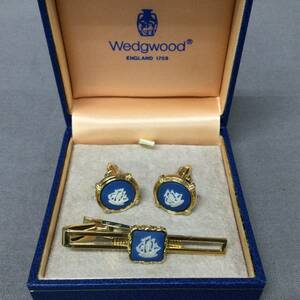 060205 257226-2 Wedgwood　ウエッジウッド　カフス　タイピン　ジャスパー　ブルー×ゴールドカラー　アクセサリー　スーツ小物　USED品