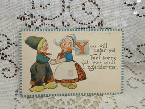 USA製　アンティーク　絵葉書　ポストカード　子供　オランダ民族衣装　メッセージ　未使用