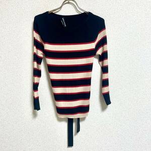 SONIA RYKIEL ソニアリキエル カシミヤ混 ボーダー長袖ニットセーター リブニット ブラック×ベージュ サイズ42 レディースXL相当＊AY