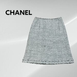 高級 CHANEL シャネル 04P P23056 ココマークロゴ コットンリネン混 カットオフ ツイード スカート