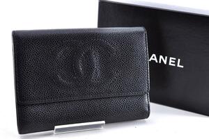 Chanel シャネル キャビアスキン ココマーク 三つ折り財布 ウォレット レザー 革 ブラック 黒 無地 柄なし 箱、シール付き N121069