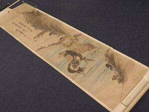 【模写】【伝来】sh9626〈李燦〉馬に人物図 マクリ 中国画 珠園 清代