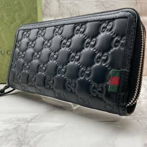 入手困難/極美品●グッチ GUCCI ダブルファスナー 長財布 オーガナイザー シェリーライン GGシマ レザー 本革 ブラック 黒 メンズ 1円 