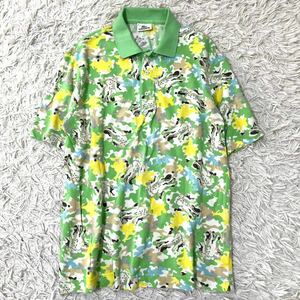 1円《 超希少・美品 》サイズ5！LL位！LACOSTE ラコステ 半袖 ポロシャツ ゴルフウェア メンズ 総柄 ド派手 ワニ ワッペン 紳士 黄 緑