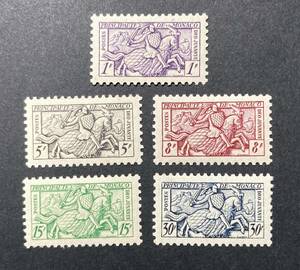 外国切手（未使用：ヒンジ跡あり）モナコ 1951年発行 騎士 単片5種完 - Scott#283-287 騎馬 鎧 戦士